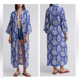Lulla Collection Long Blue and White Women's Duster Coverup Robe. NWOT. S/M